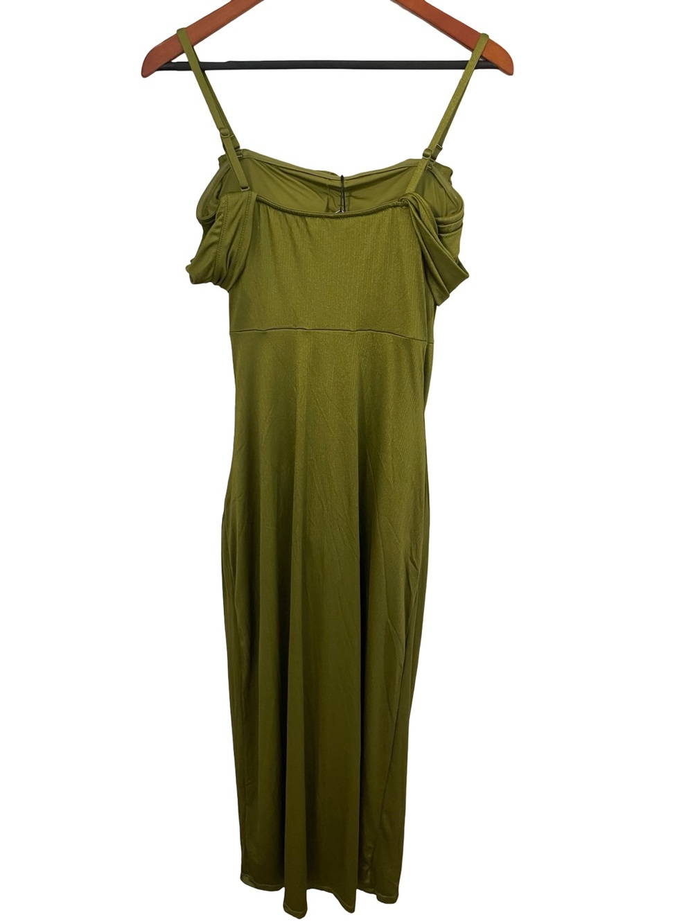 Off-Shoulder Olive Green Satin Evening Dress - Picture 5 of 5